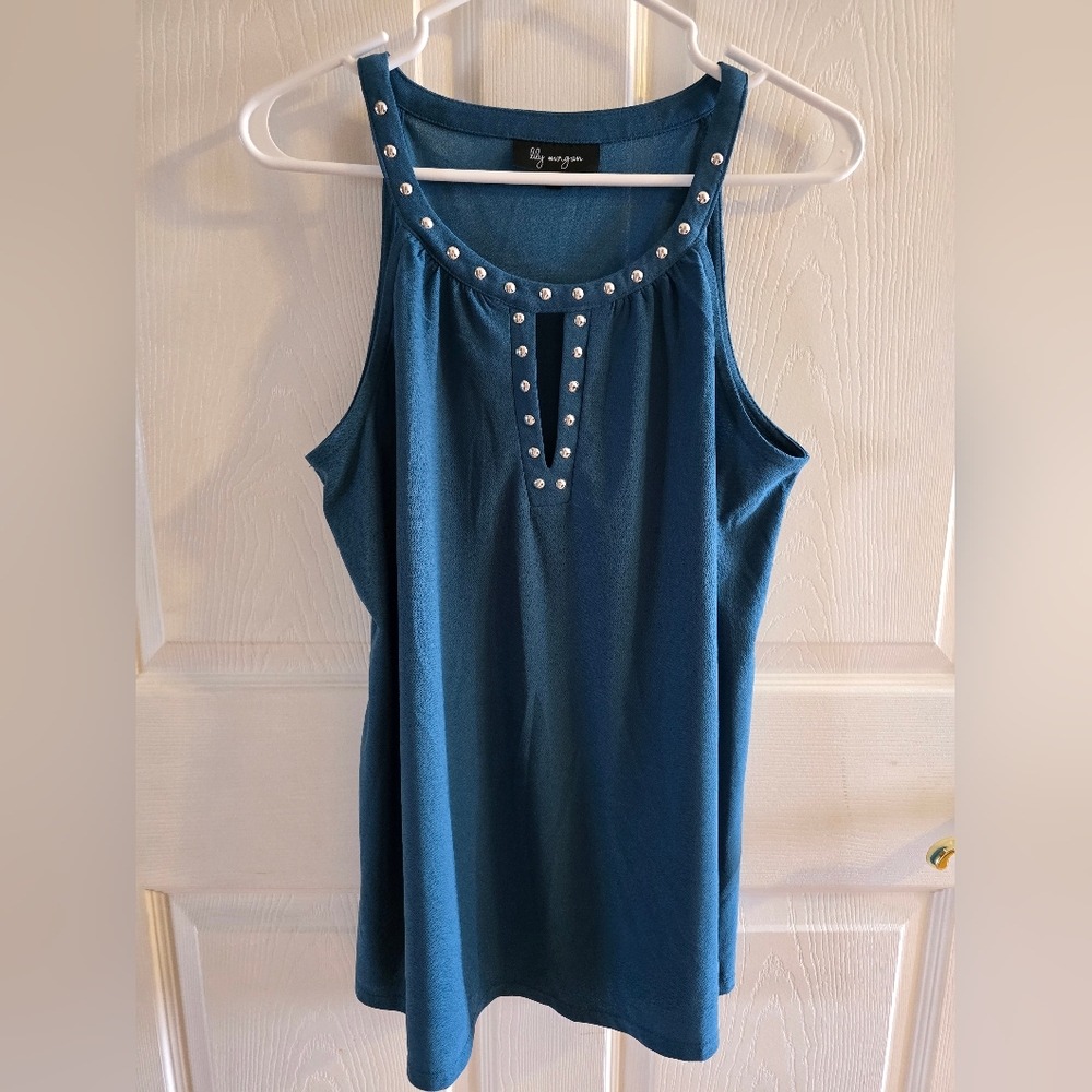 Blue Embellished Sleeveless Tank Top